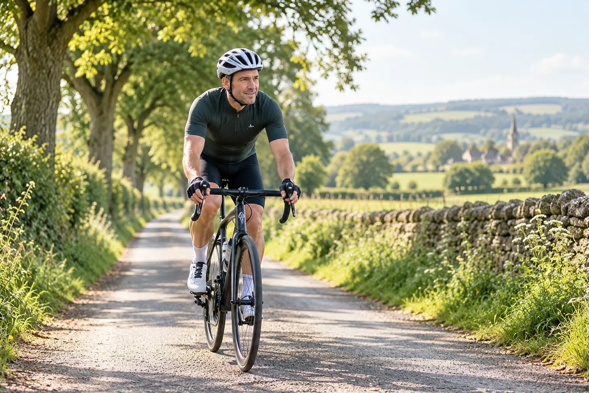 A recreational cyclist riding along a quiet road beside a low stone wall