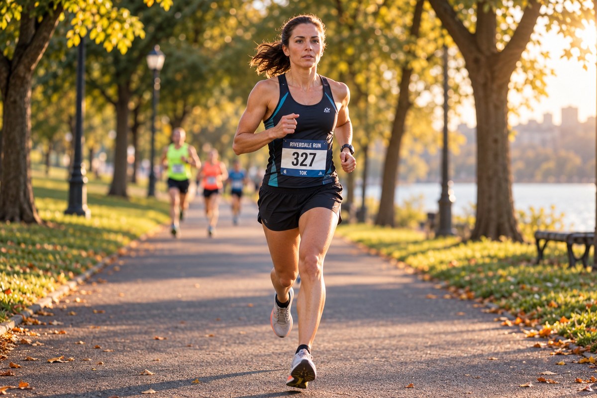 A woman running steadily along a park path during a race