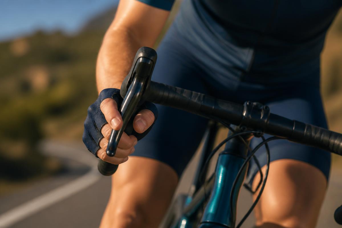 Close-up of a cyclist's hands covering the brake levers on the handlebars