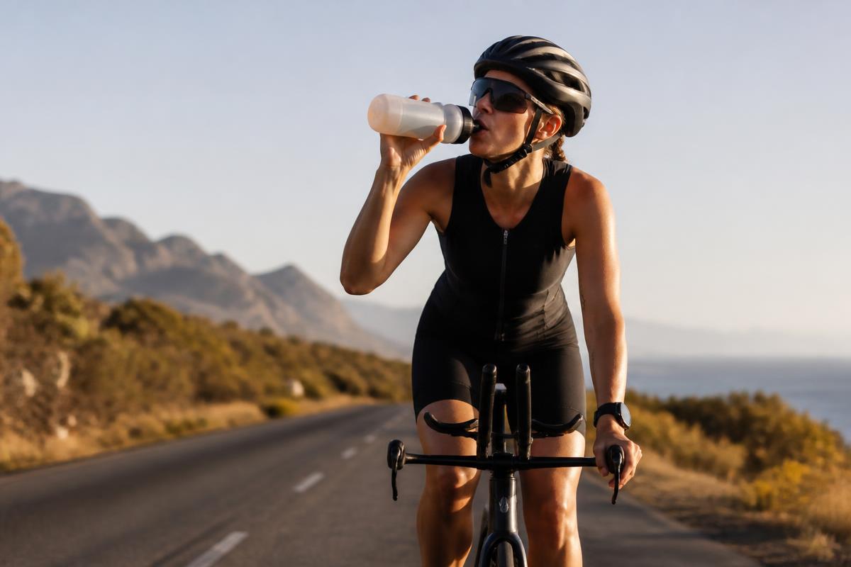 A cyclist drinking from a water bottle while riding steadily on an open road
