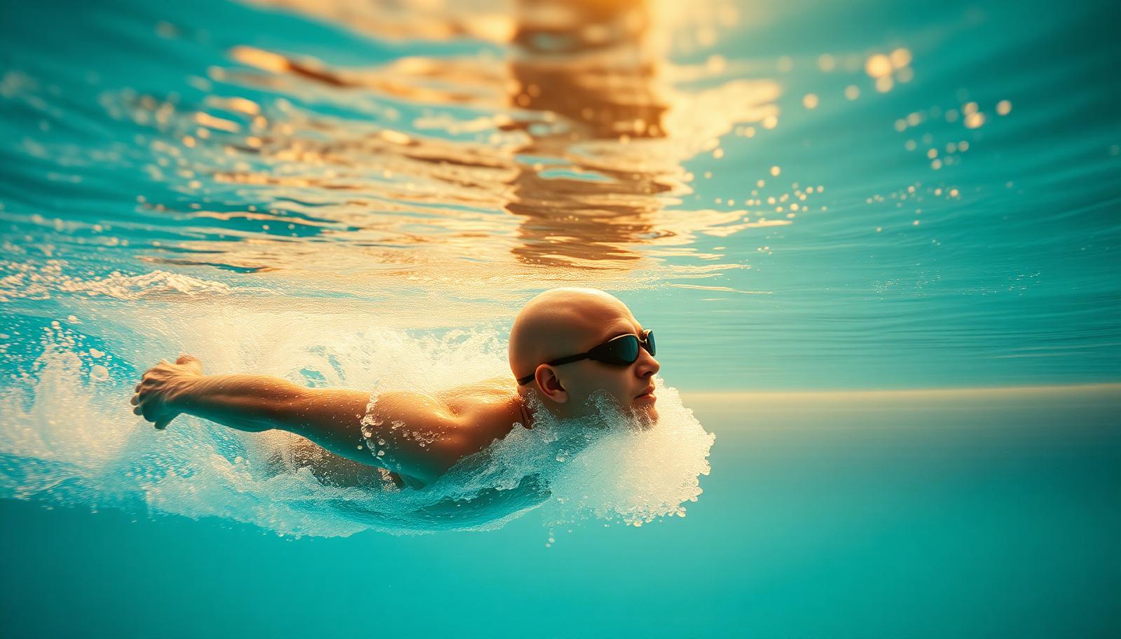 Adult swimmer turning their head smoothly to the side to breathe during front crawl in a sunlit pool