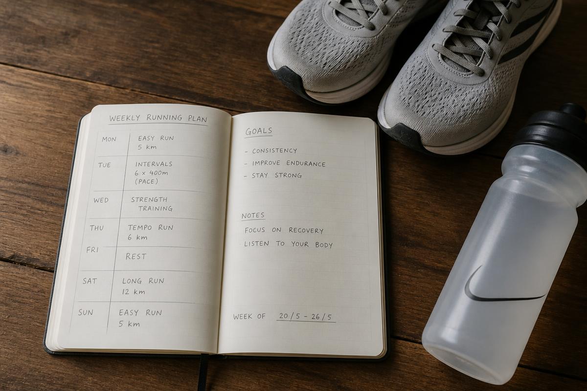 A handwritten weekly running plan in a notebook beside running shoes and a water bottle
