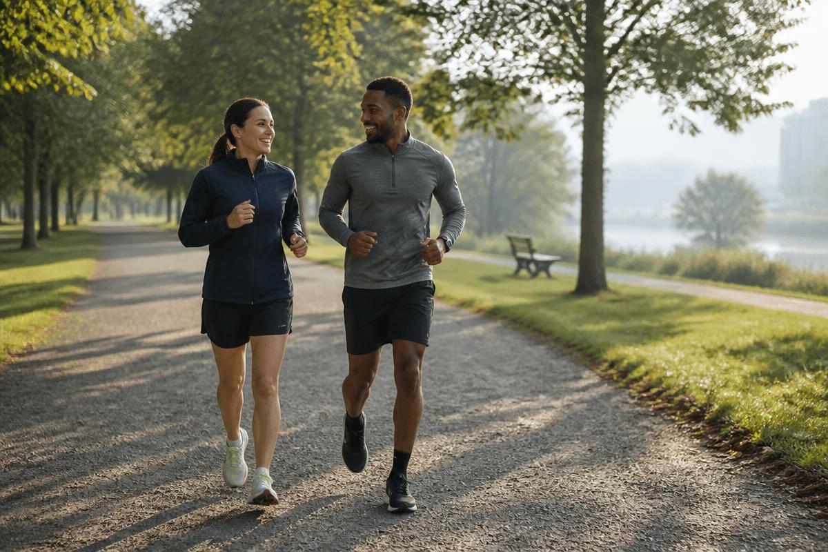 Two friendly adult runners jogging together at an easy conversational pace in a park