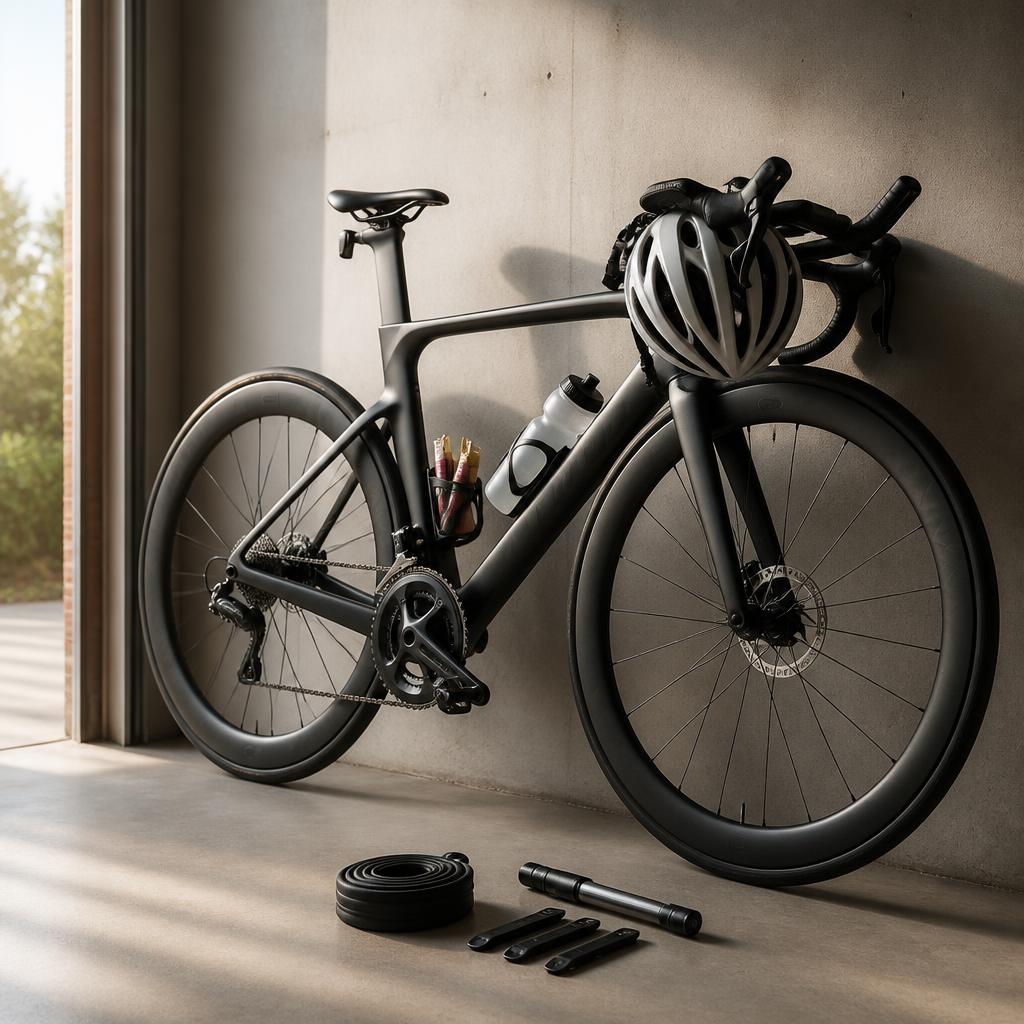 Triathlon bike with water bottle and nutrition attached, repair kit laid out on the floor beside it