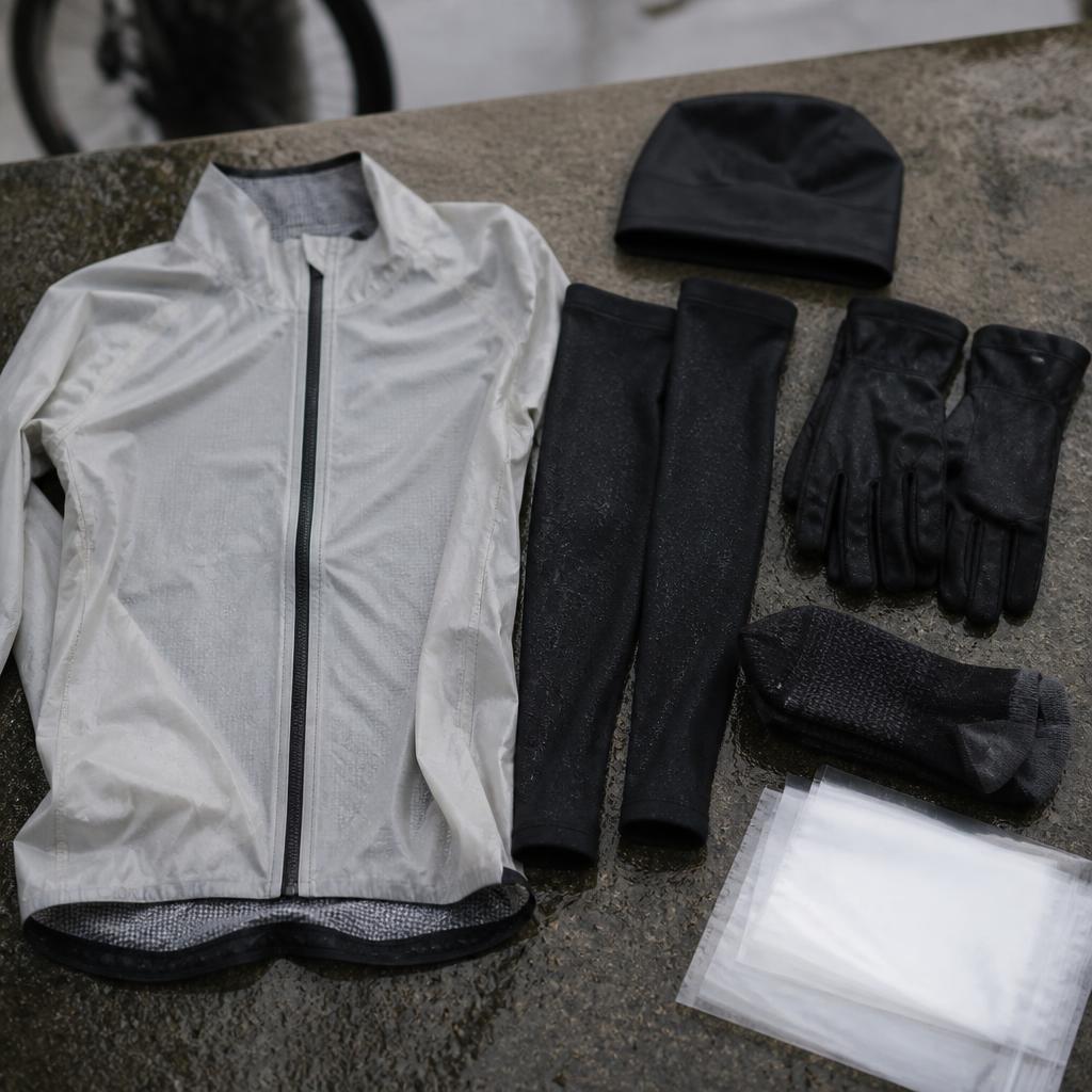 Cold and wet weather race gear including waterproof jacket, arm warmers, gloves, hat and plastic bags