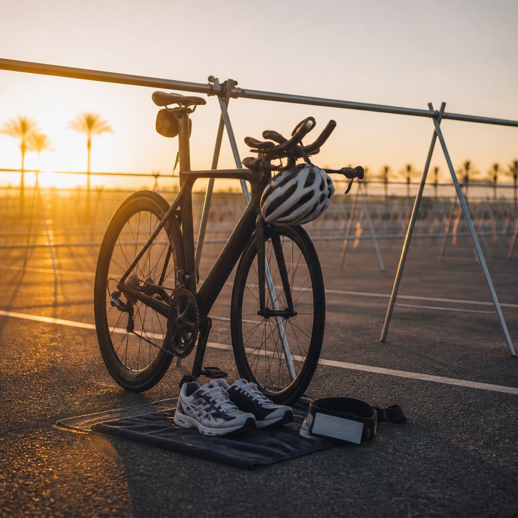 Racked race bike in a calm transition area at sunrise with helmet and running shoes ready