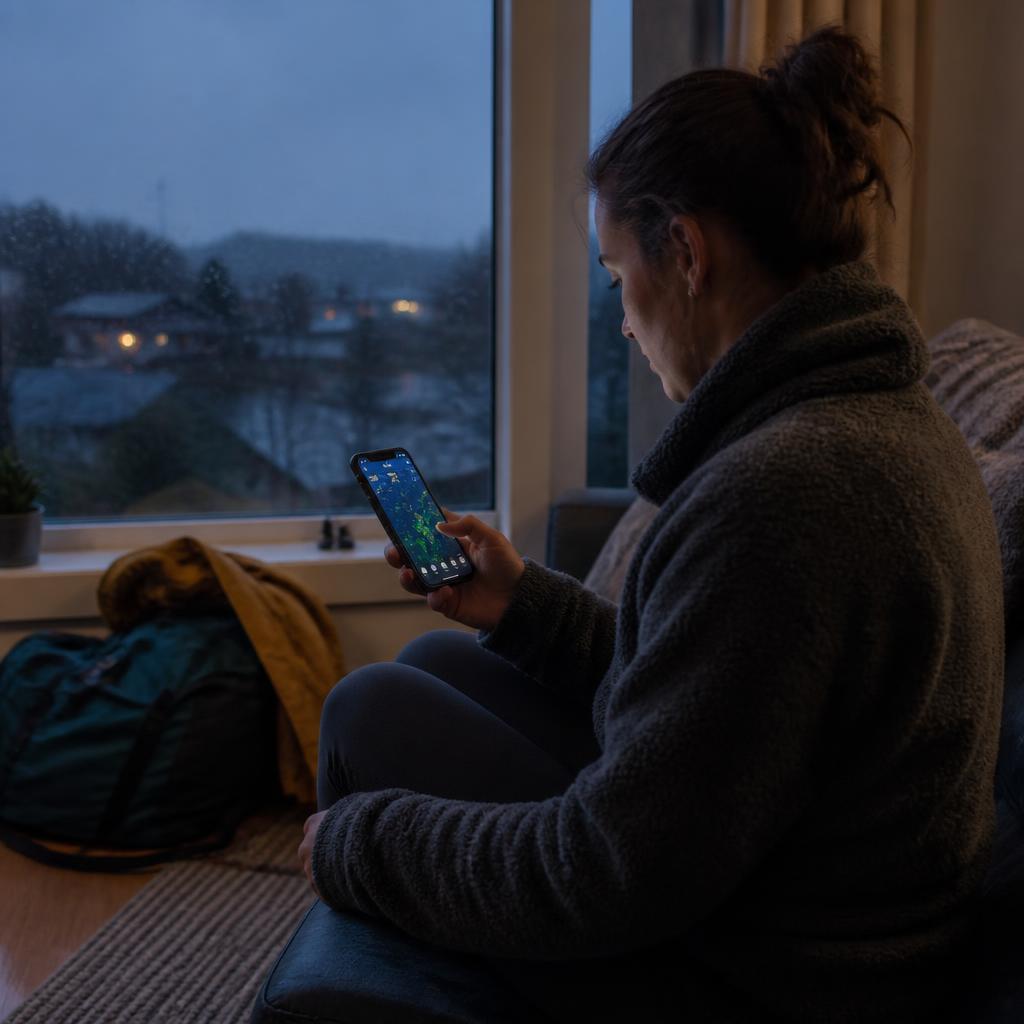 Person checking the weather forecast on a phone in the evening with race kit waiting by the window