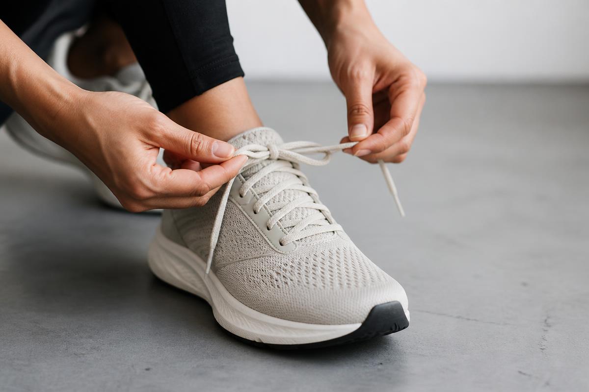 Close-up of hands tying the laces on a comfortable neutral running shoe