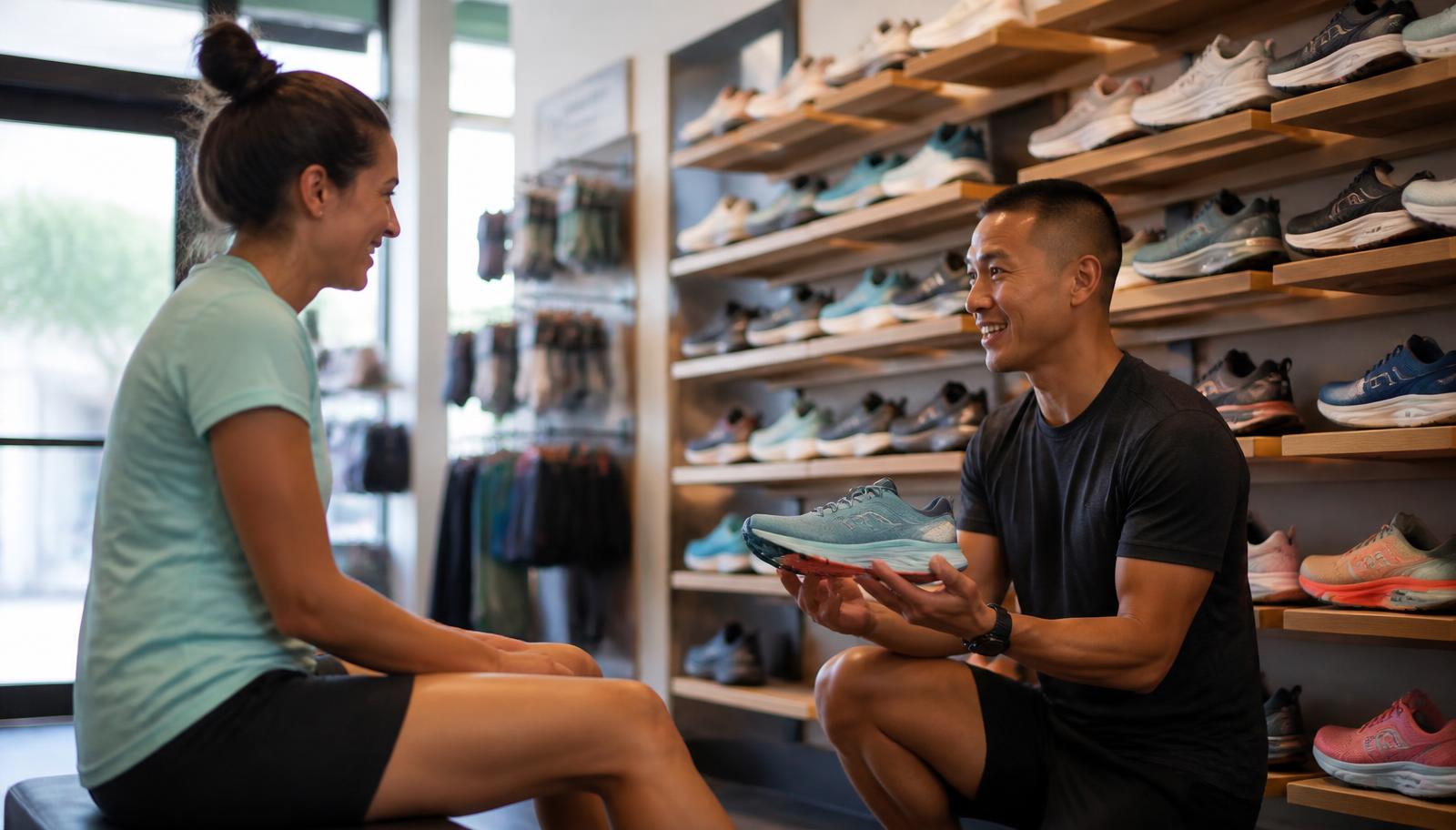 A friendly running shop with rows of shoes on wooden shelves