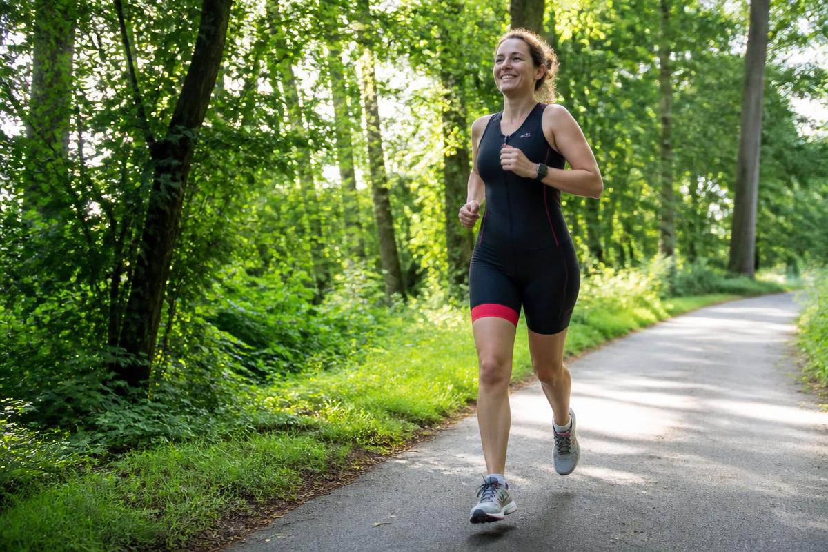 A relaxed beginner triathlete jogging comfortably on a smooth woodland trail