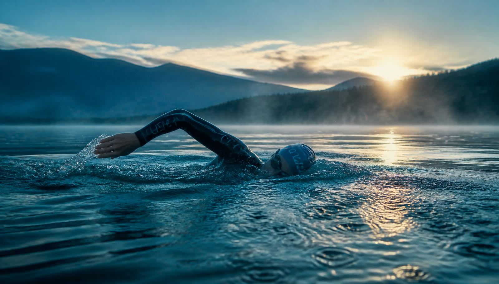 Triathlete swimming front crawl in a calm misty lake at sunrise, showing a long streamlined body position