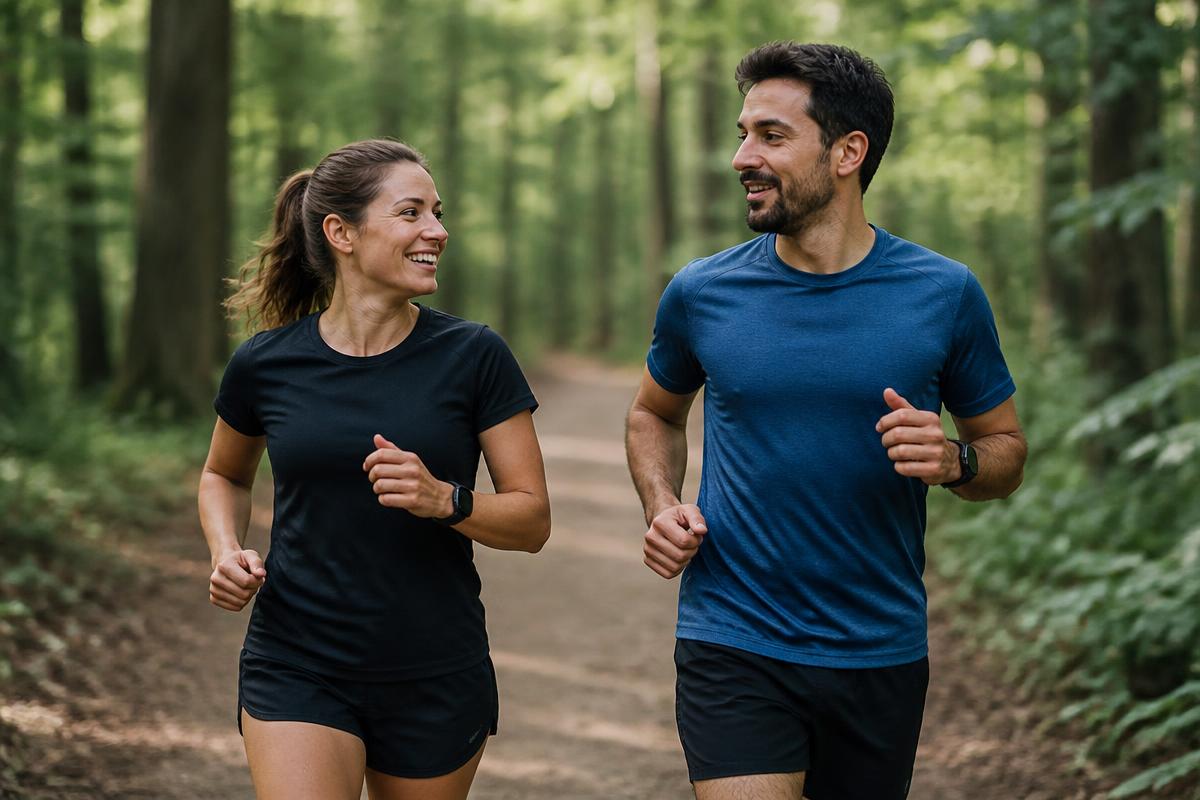 Two training partners running side by side on a woodland path, talking easily
