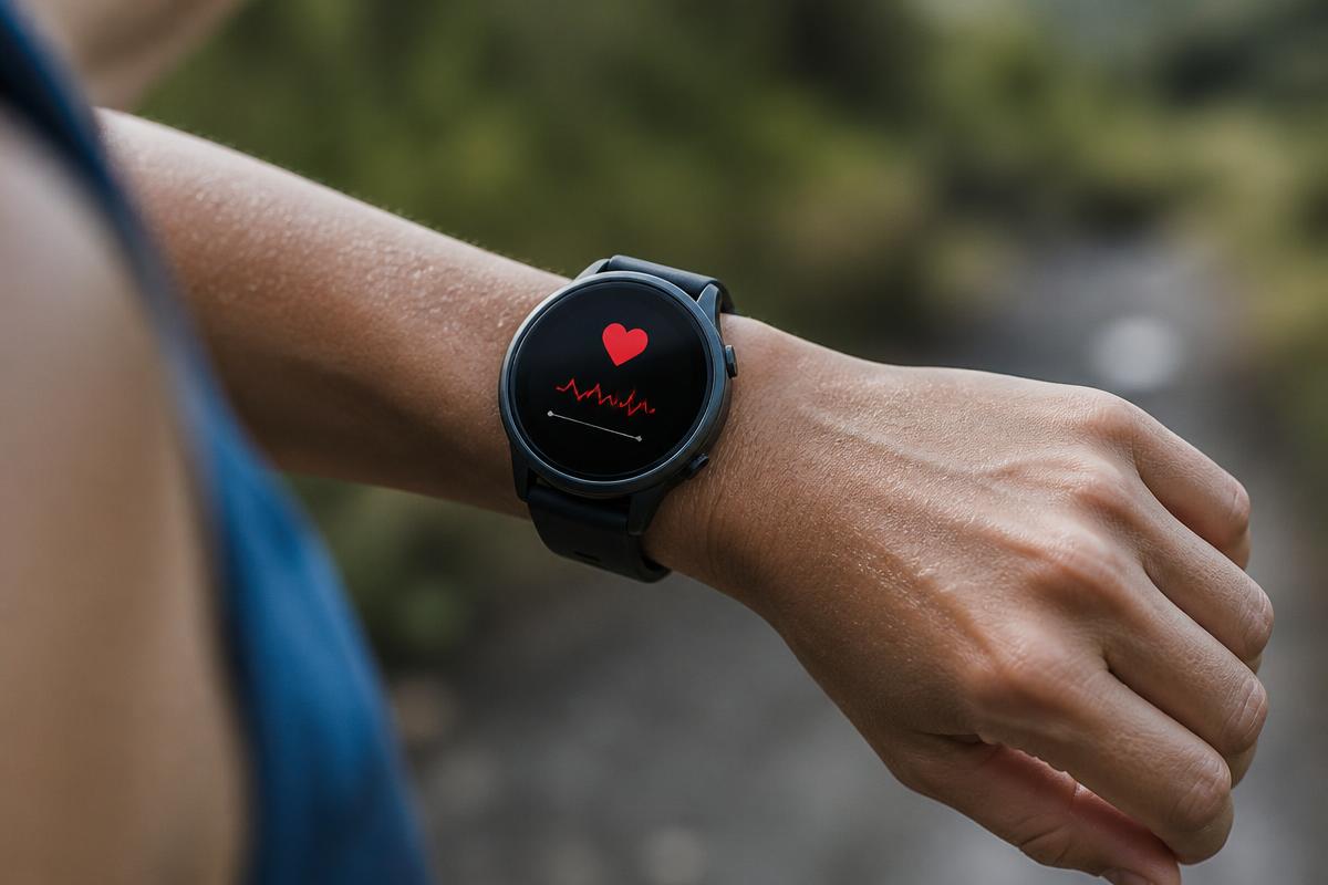 A close-up of a runner's wrist wearing a smart watch displaying heart rate during an easy run