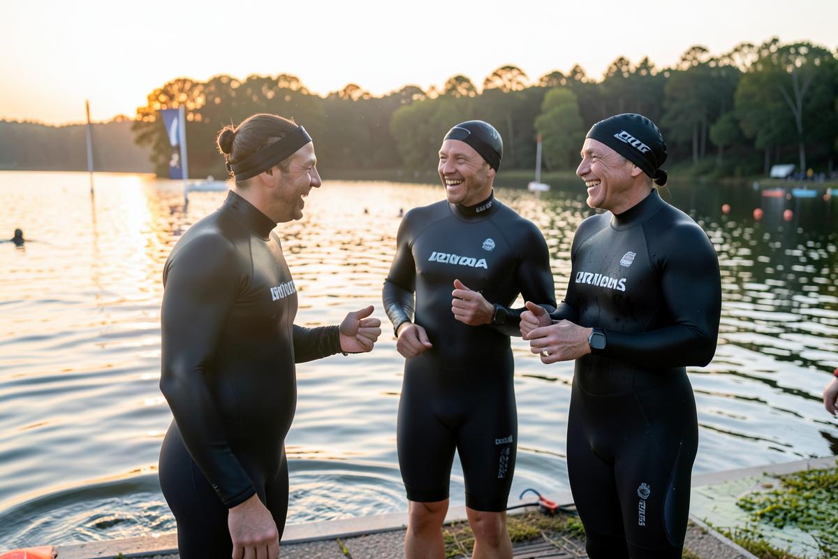 Triathletes in wetsuits chatting and laughing beside a lake before the swim start