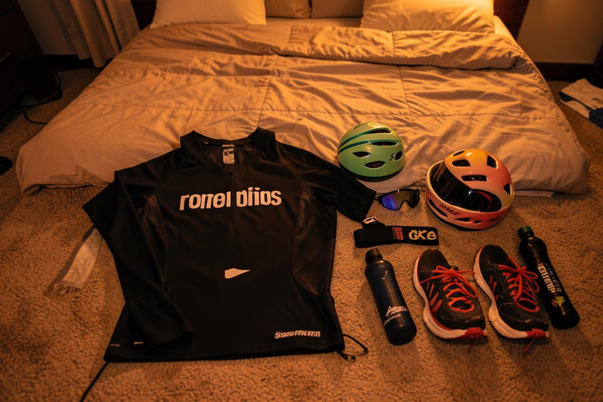 Triathlon kit laid out neatly the night before a race, including helmet, goggles, shoes and race belt