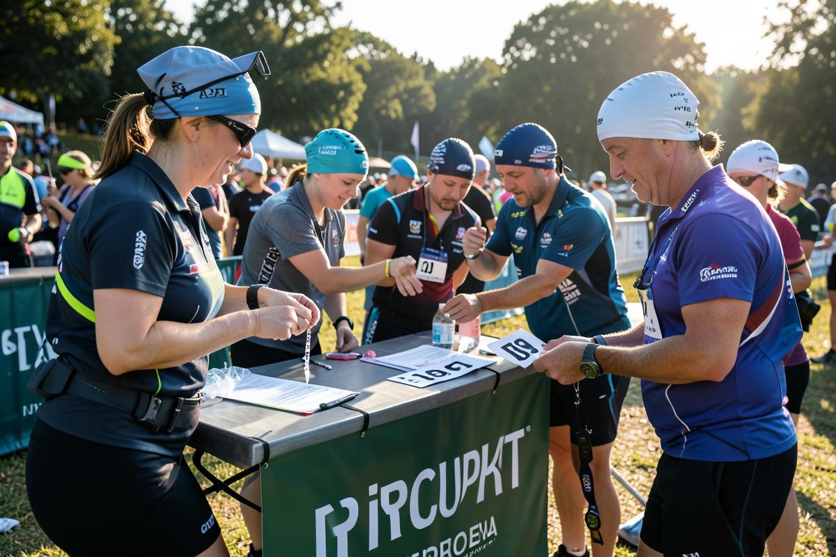 Volunteers handing out race numbers and timing chips at a triathlon registration desk