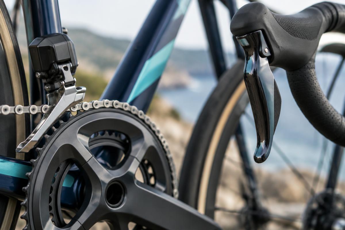Close-up of a road bike chainset and gear shifter in natural light
