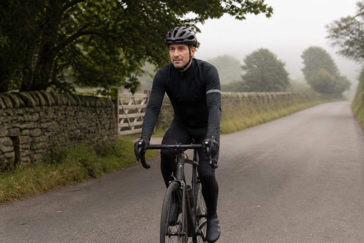 Cyclist riding steadily along a quiet flat lane in calm morning light
