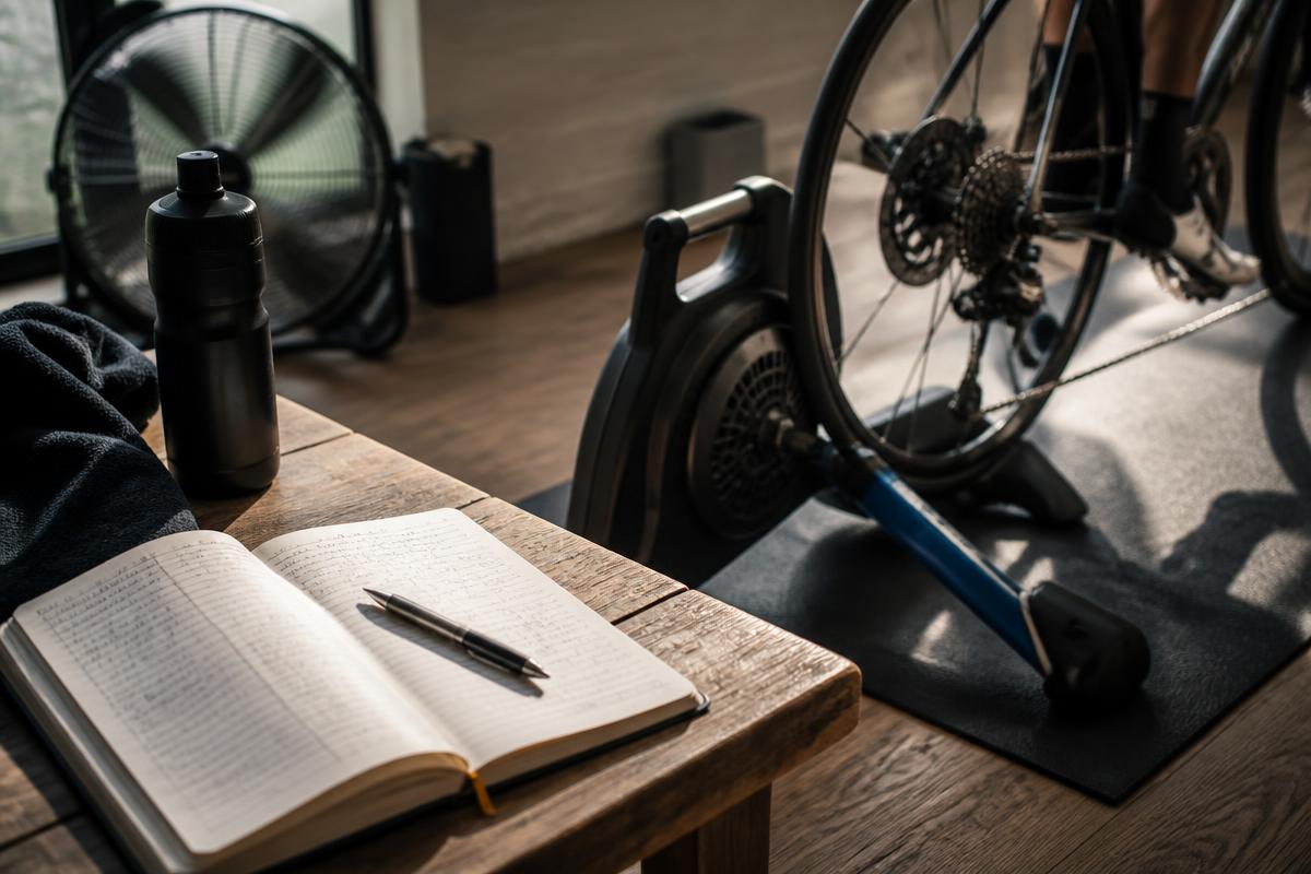 A training diary and pen next to an indoor turbo trainer setup