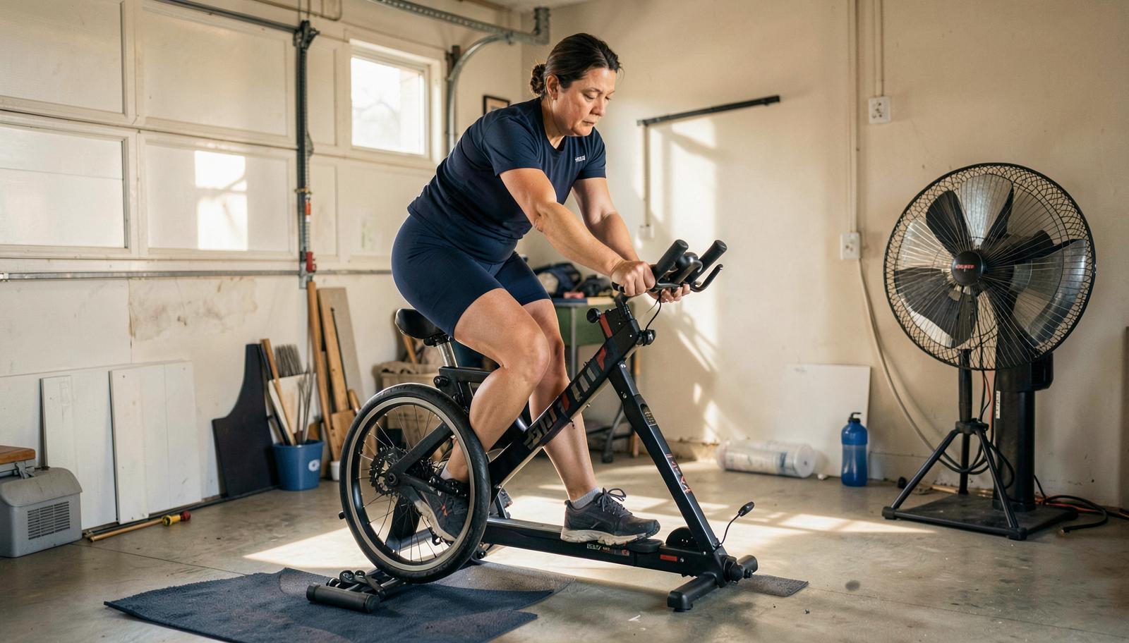 A triathlete riding a basic turbo trainer indoors with a fan for cooling