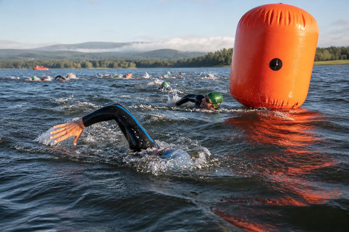 Swimmers in wetsuits rounding a large orange inflatable turn buoy during an open water swim