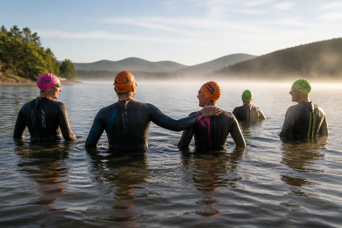 A small group of adult swimmers in wetsuits and bright caps wading slowly into a calm lake together