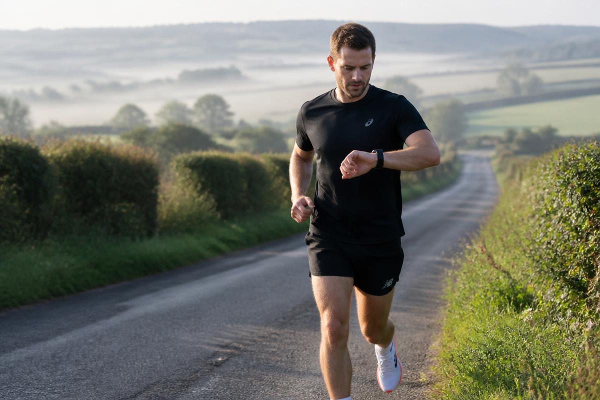 A runner checking their watch while jogging at a controlled effort on a quiet lane