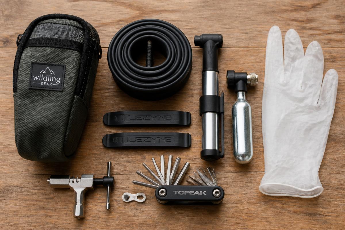A compact saddle bag repair kit laid out on a wooden surface, including a spare inner tube, tyre levers, mini pump, CO₂ inflator, multi-tool and disposable glove