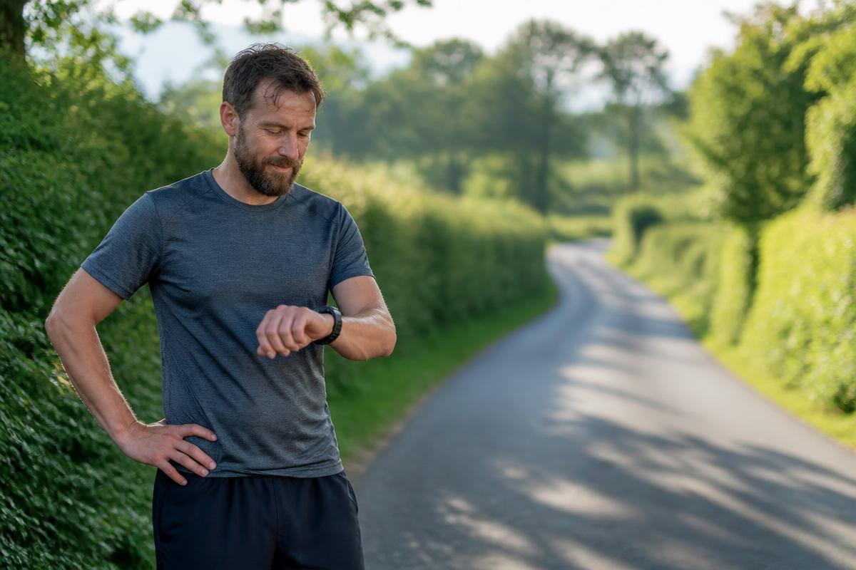 A relaxed runner checking their watch during a planned walk break on a quiet country lane