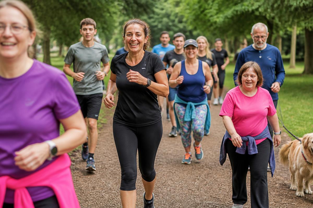 A friendly Saturday parkrun scene with mixed-ability runners and walkers on a wide park path