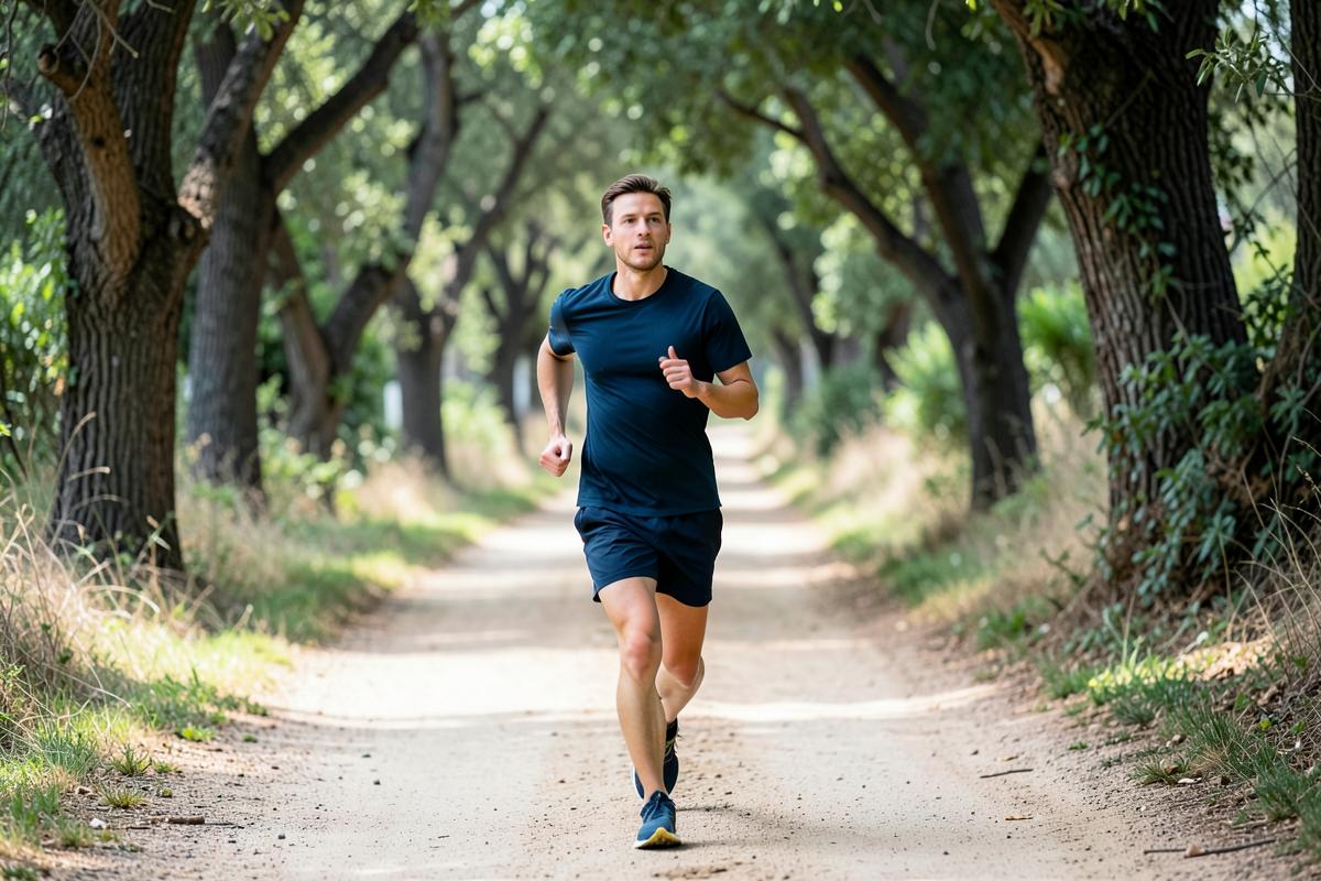 A relaxed beginner runner settling into an easy pace on a tree-lined trail