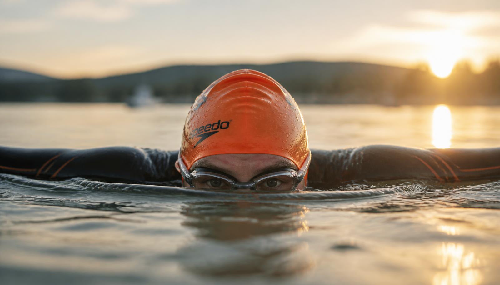Open water swimmer in a wetsuit lifting only their eyes and goggles above the water to sight forward at sunrise