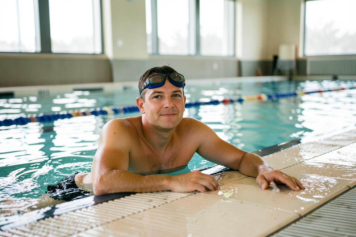 An adult swimmer resting at the wall of an indoor pool lane with goggles pushed up