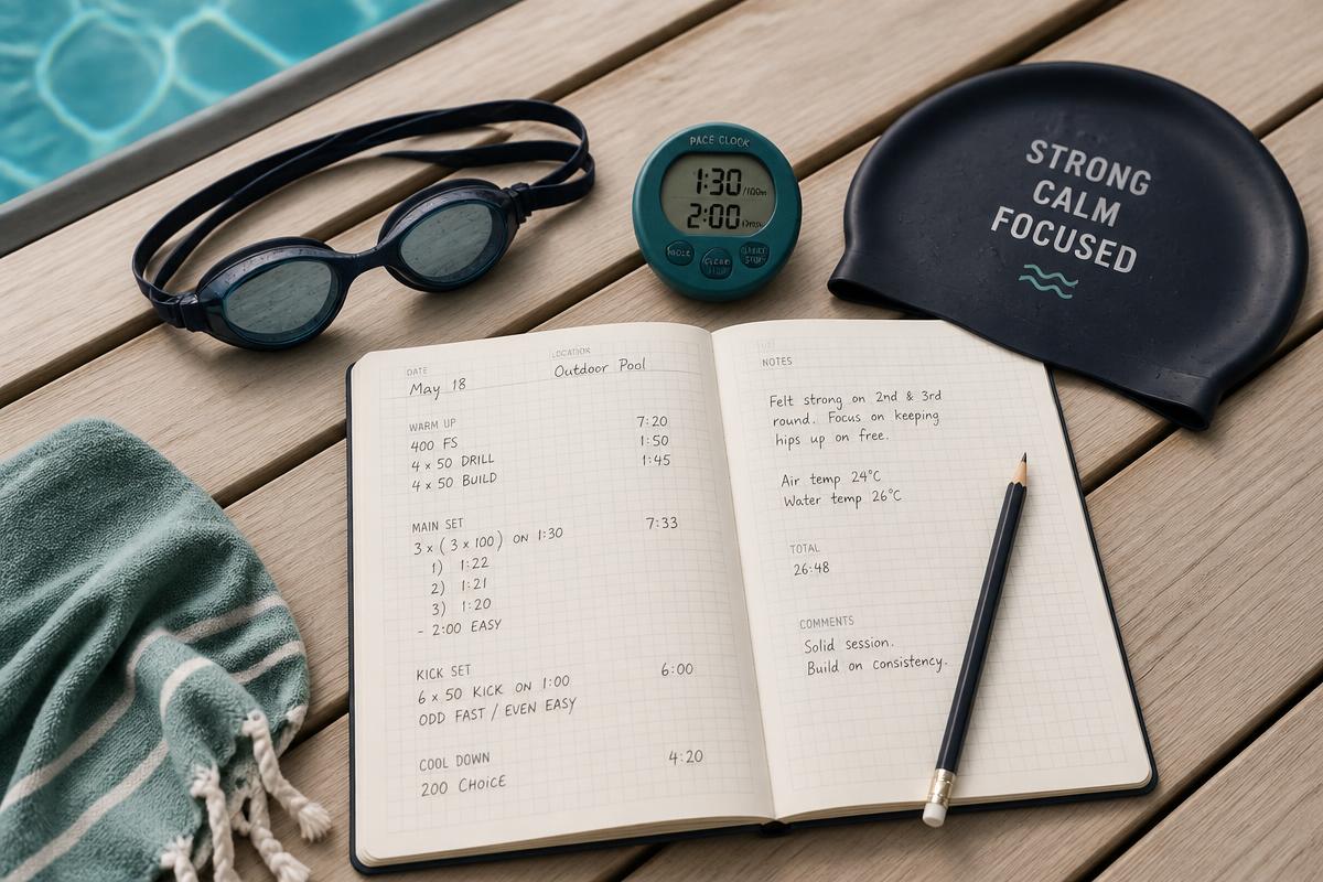 Swimming goggles, stopwatch, swim cap and a training log notebook laid out on poolside decking