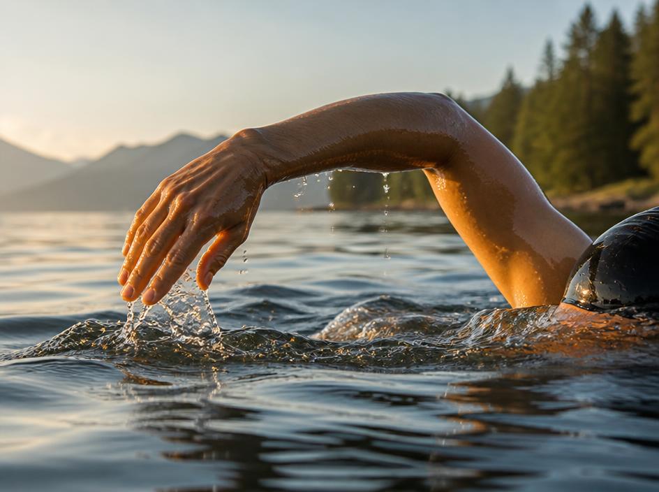 Swimmer mid-stroke in open water