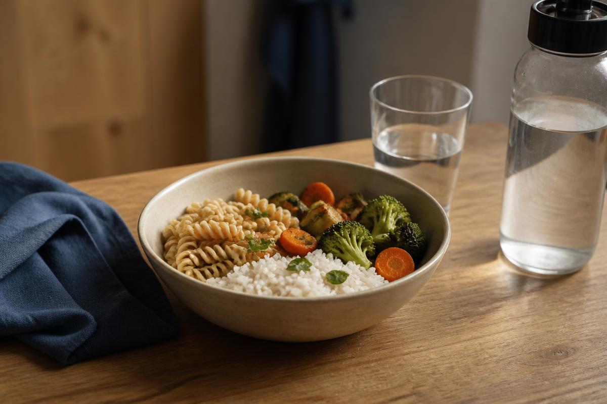 A simple, balanced race-week meal of rice, pasta and vegetables with a glass of water on a wooden table