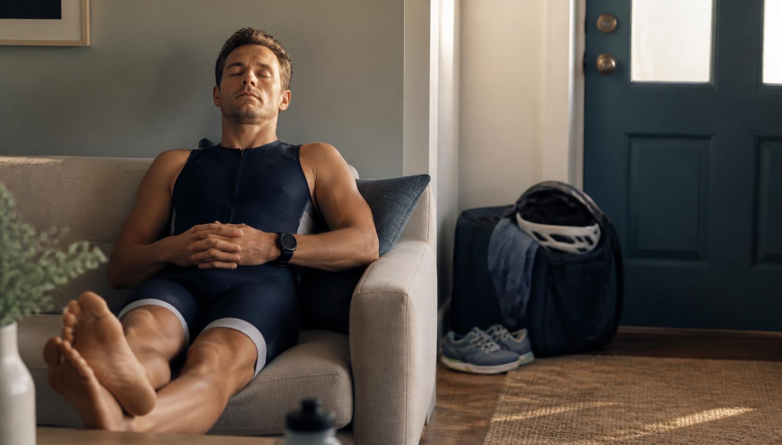 A triathlete resting with feet up at home the week before a race, with race kit packed neatly by the door