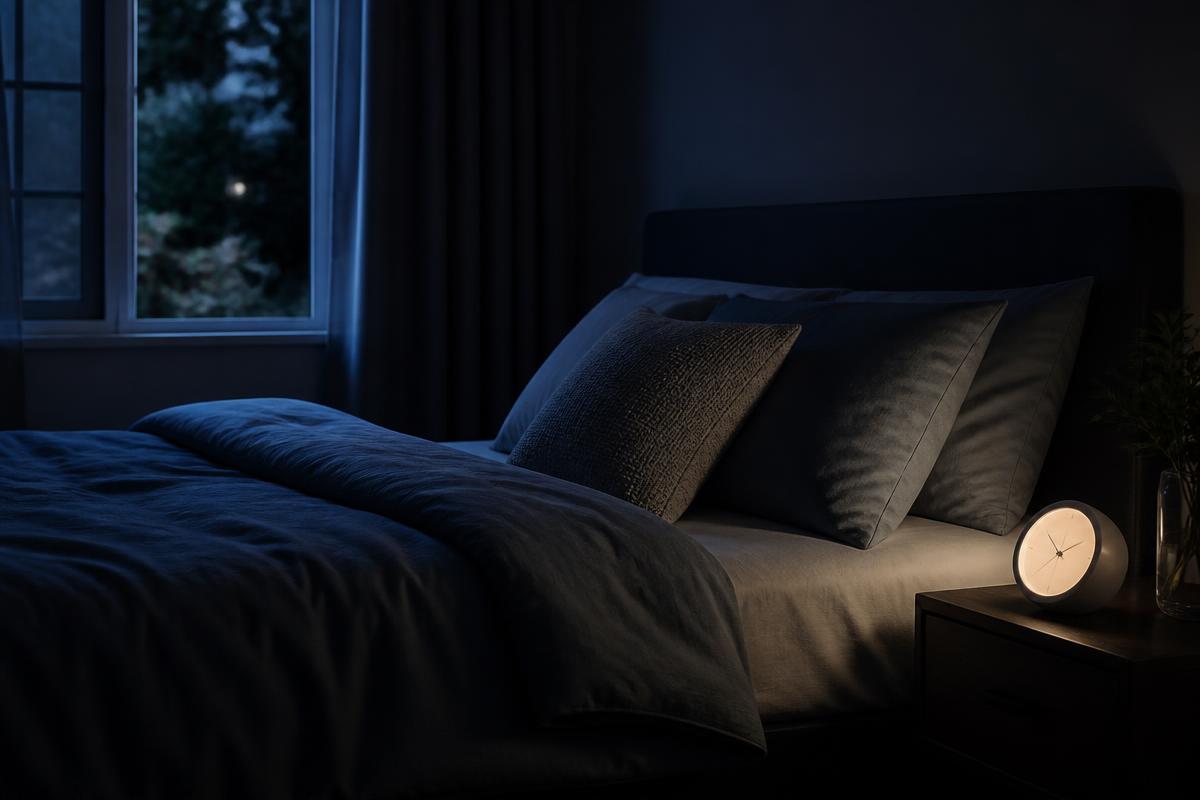 A calm, dark bedroom at night with a neatly made bed and a softly glowing alarm clock