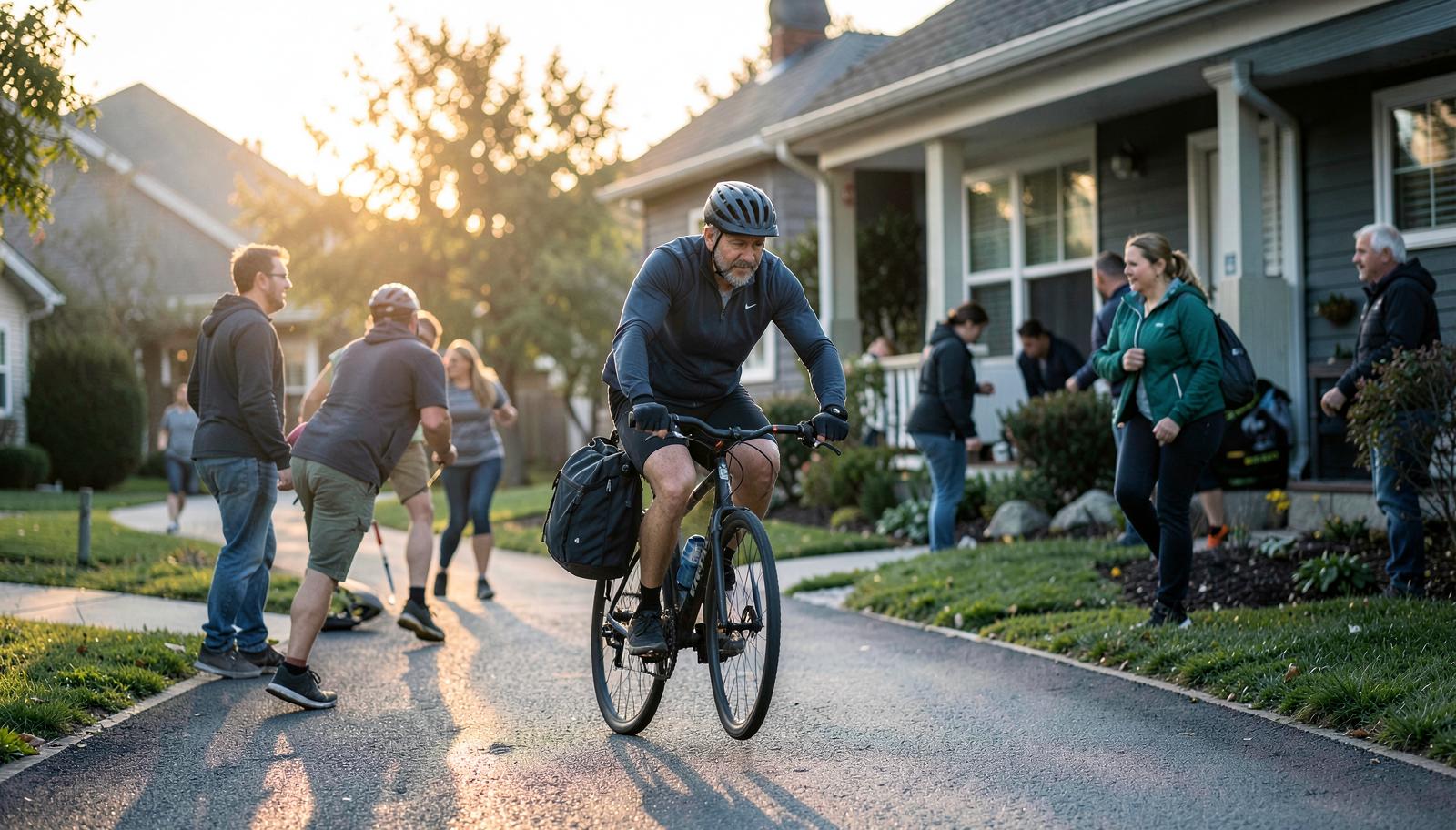 A triathlete setting off from home on their bike at dawn for an early morning training session