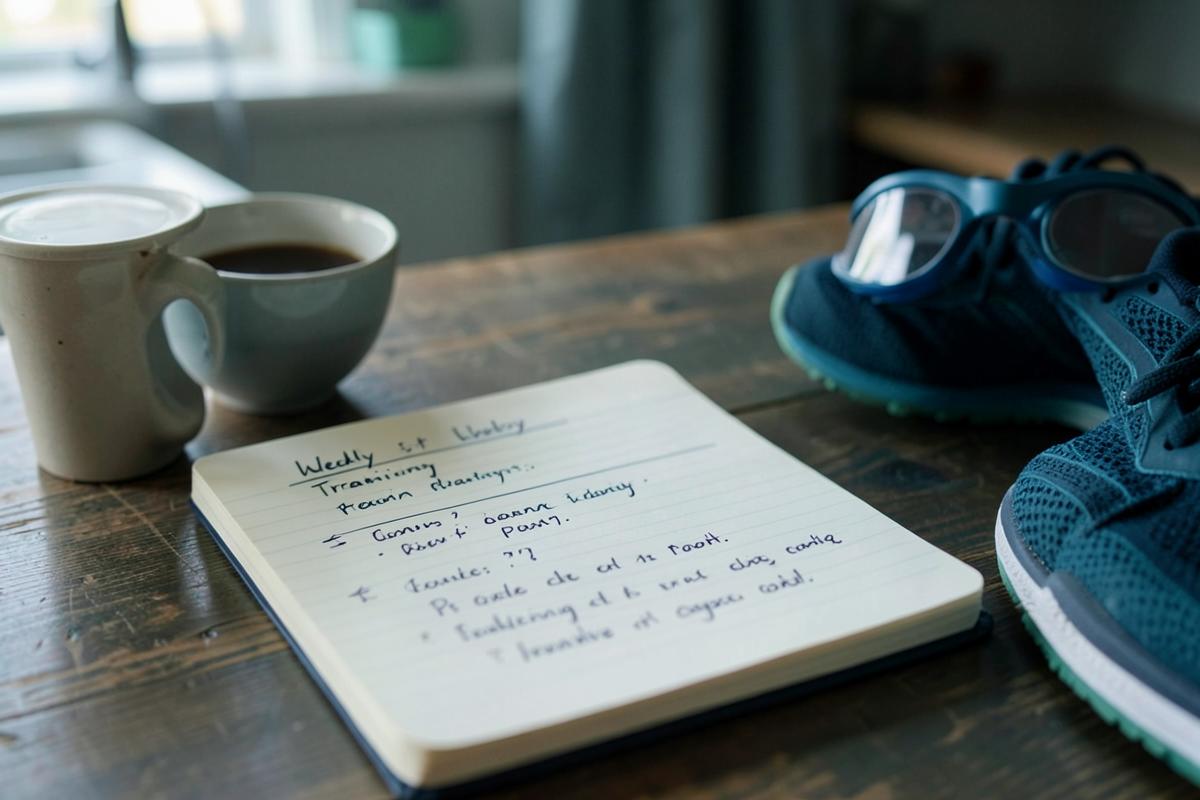 A simple handwritten weekly training plan in a notebook on a kitchen table beside goggles and running shoes
