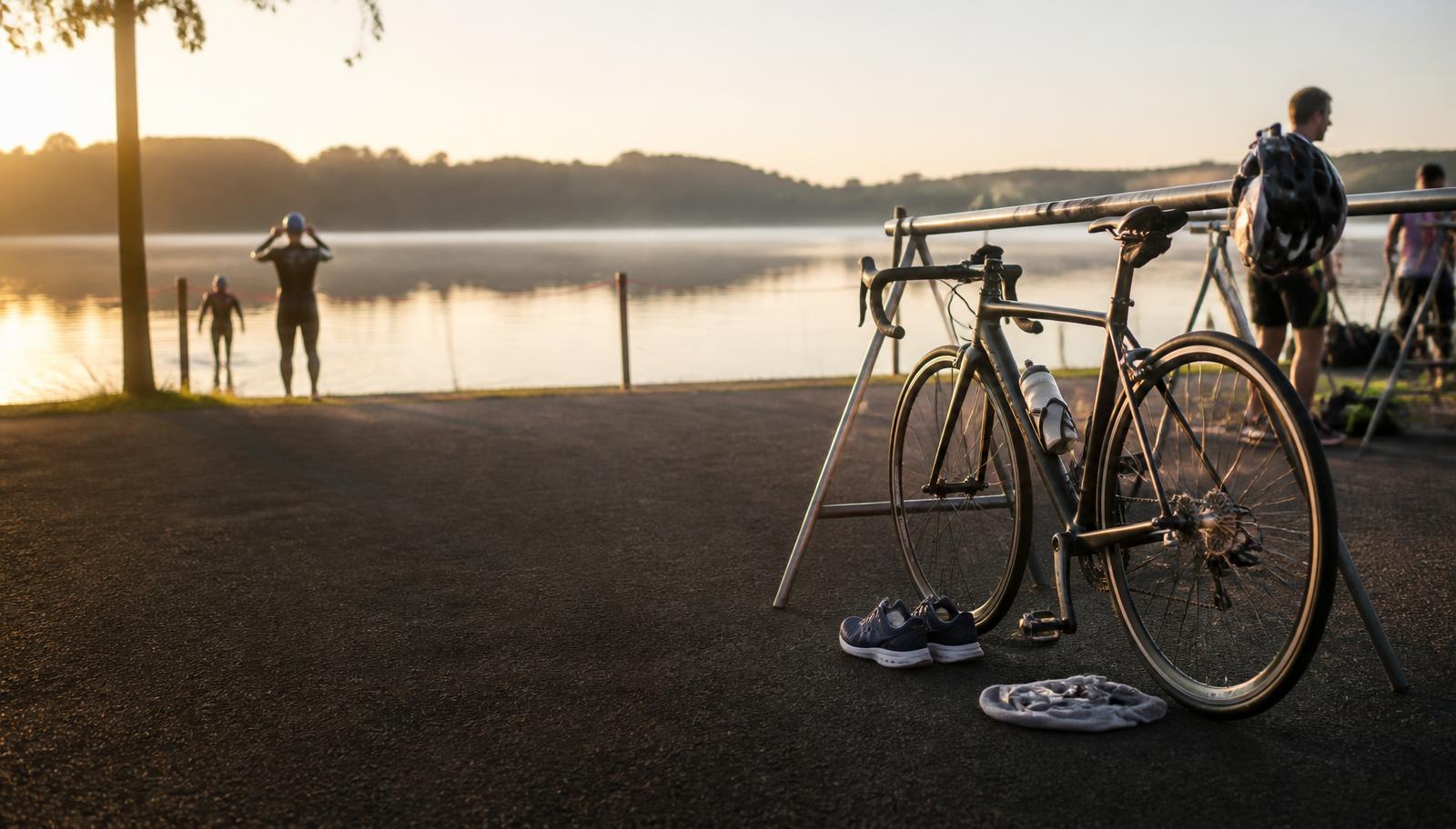 Organised triathlon transition area beside a lake with a bike, helmet and shoes ready for race morning