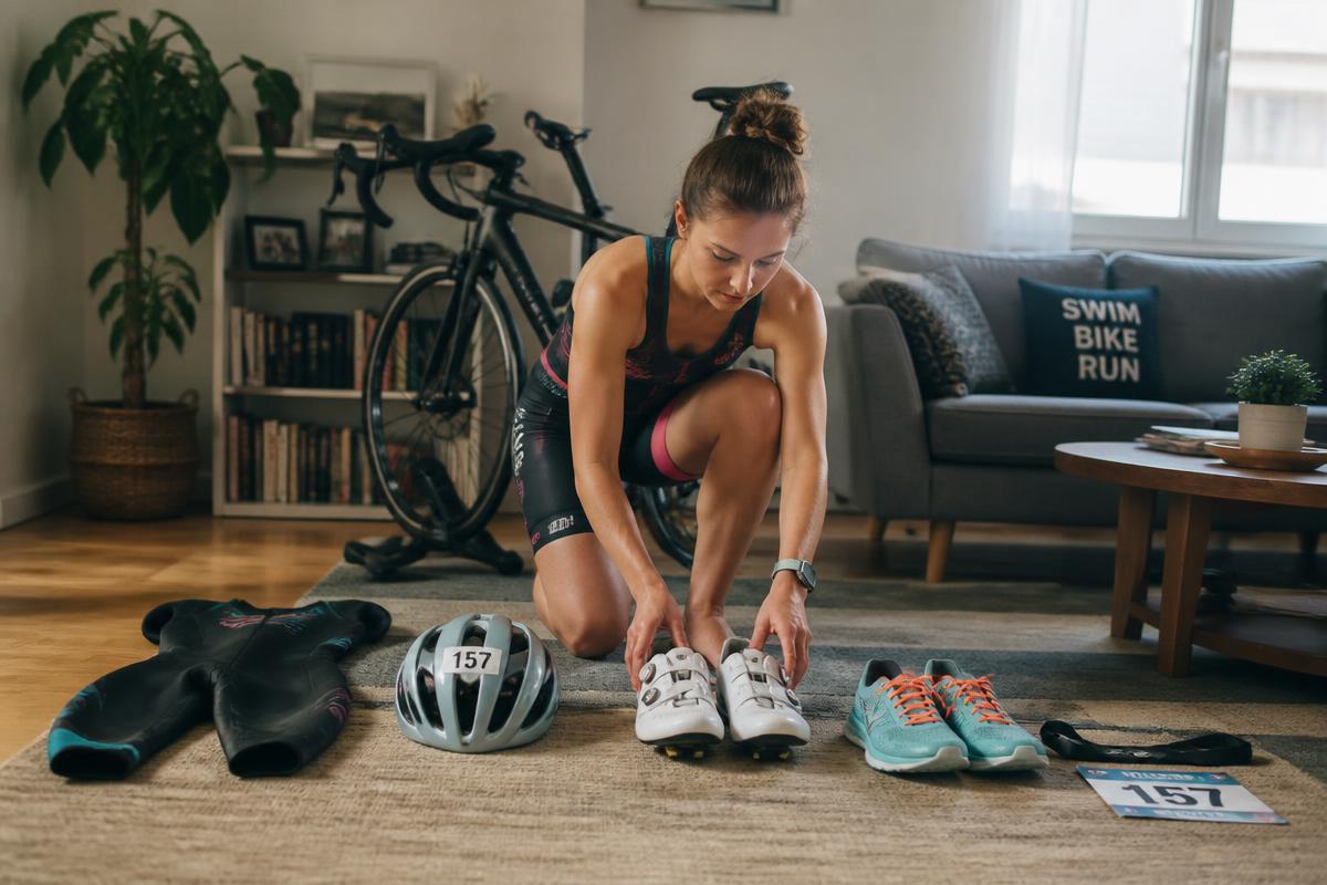 Person at home laying out triathlon kit on the floor to practise the transition routine