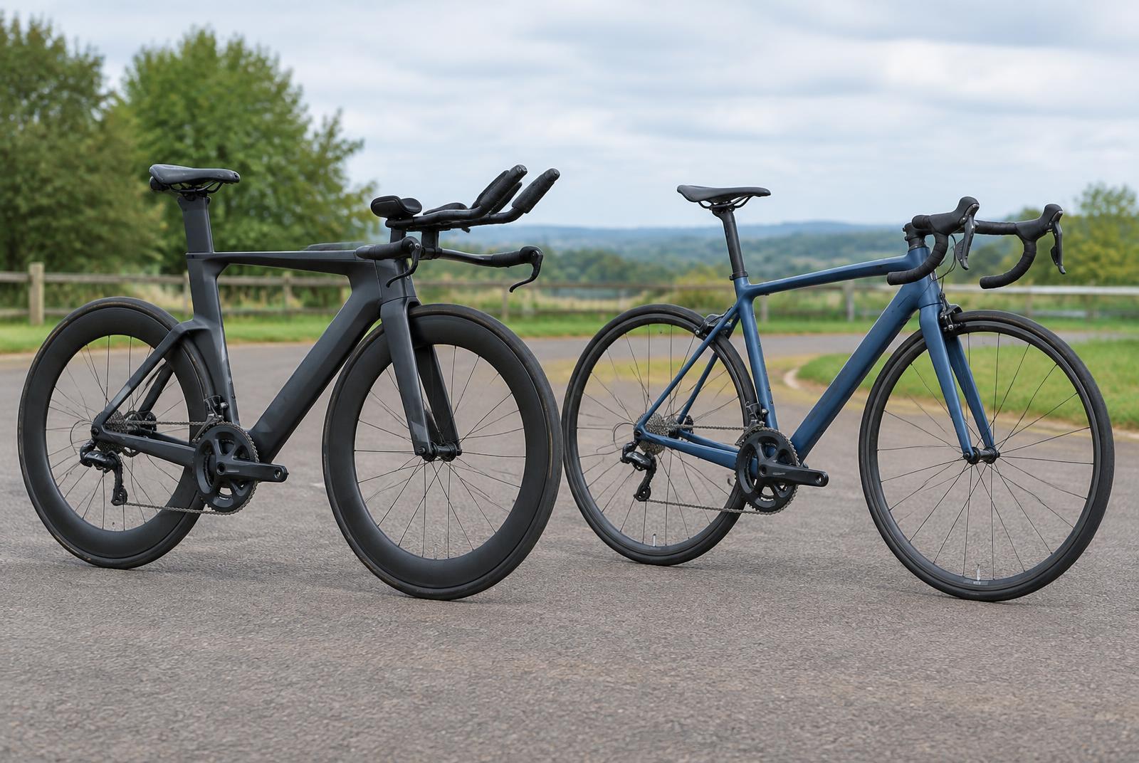 A triathlon time-trial bike with aero bars beside a standard drop-handlebar road bike