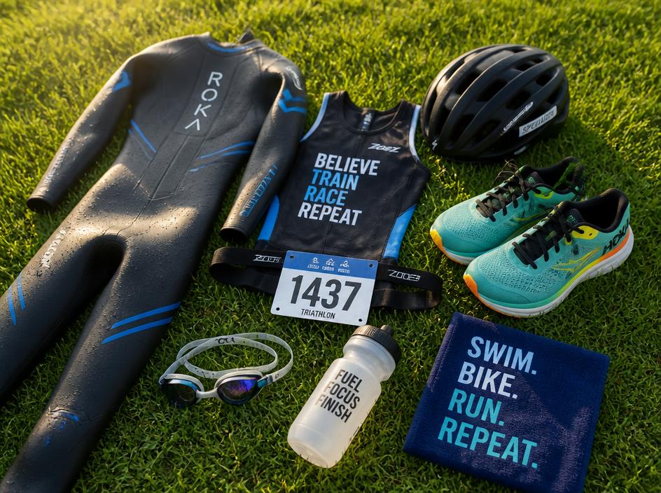 Triathlon transition gear laid out on grass