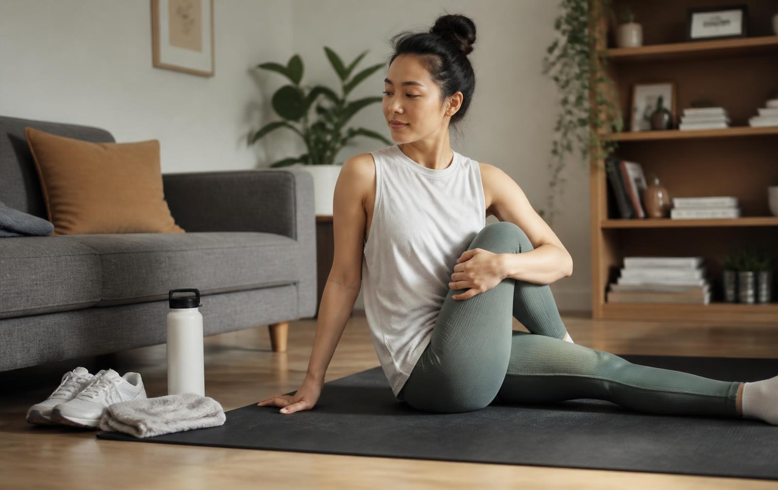 Person stretching calmly on a mat at home on a rest day, with trainers and a water bottle nearby