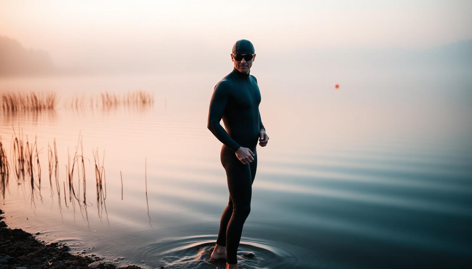 Triathlete in a black swimming wetsuit standing at the edge of a calm misty lake at sunrise