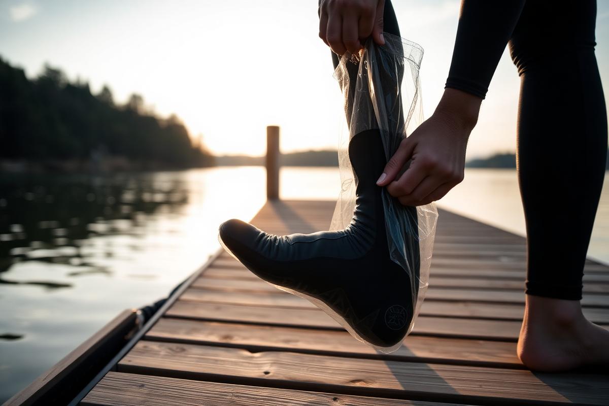 Close-up of a triathlete using a plastic bag over their foot to slide the leg of a wetsuit on at a wooden lake jetty