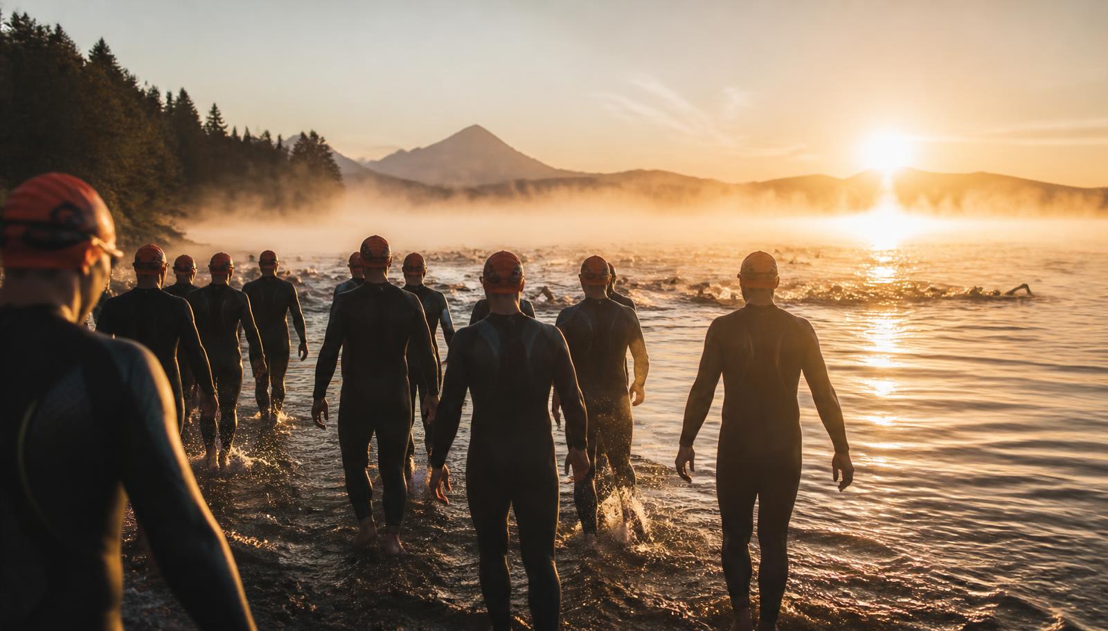 Triathletes in wetsuits walking into a calm lake at sunrise for the swim start