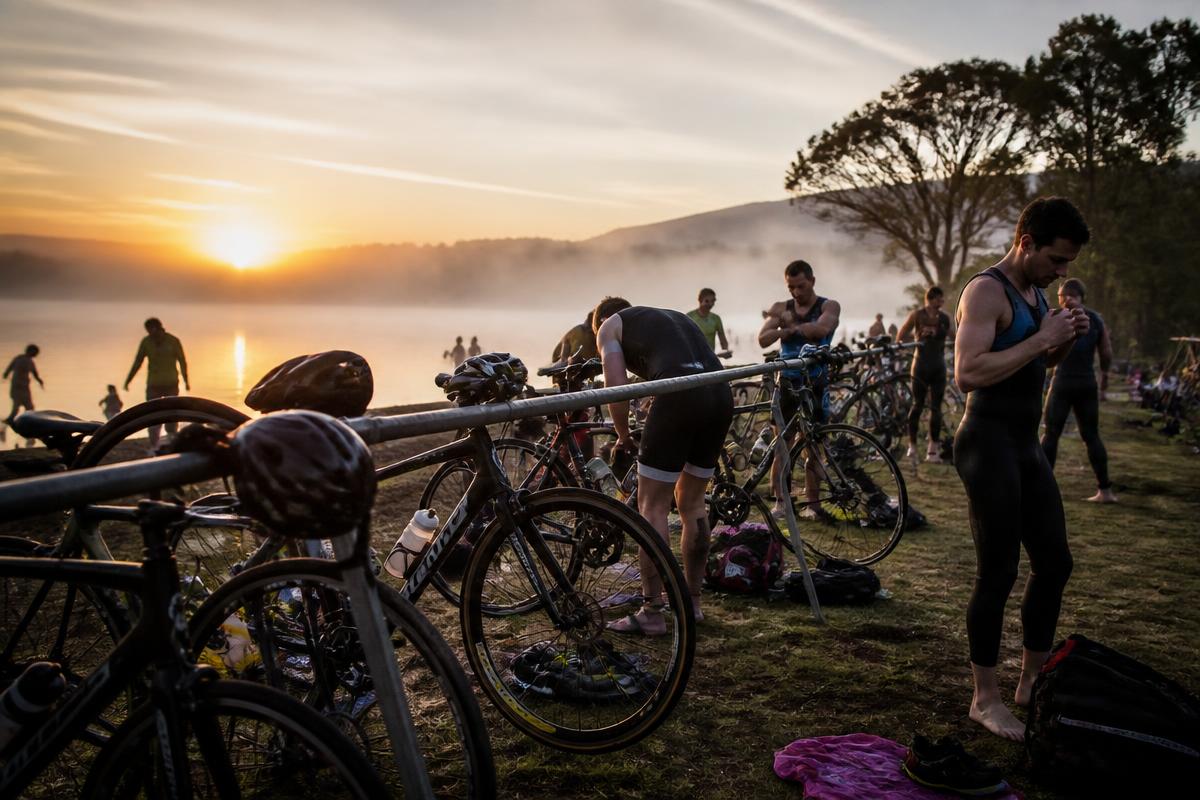 Triathletes in a transition area at sunrise, changing from wetsuits into cycling kit beside rows of bikes