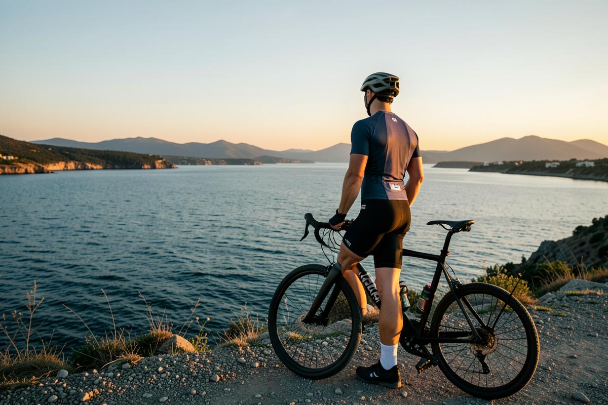 A triathlete standing with their bike beside a coastal lake at sunset, taking in the view